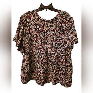 Multicolored Floral Flutter Sleeve Peplum Top Boho Blouse Women's 14